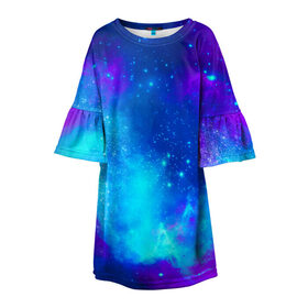 Детское платье 3D с принтом Космос в Санкт-Петербурге, 100% полиэстер | прямой силуэт, чуть расширенный к низу. Круглая горловина, на рукавах — воланы | астроном | бесконечность | вселенная | звезда | звезды | комета | космонавт | космос | море | небо | неон | пальма | планета