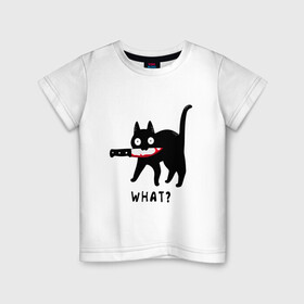 Детская футболка хлопок с принтом WHAT & CAT в Санкт-Петербурге, 100% хлопок | круглый вырез горловины, полуприлегающий силуэт, длина до линии бедер | Тематика изображения на принте: art | black | black cat | cat | dark | dark cat | what | what cat | what mem | арт | вопрос | интернет мем | кот | кот арт | кот мем | кошачье лицо | кошачья мордочка | мем | нож | прикол | прикольный кот | убица | чёрный | чёрный кот