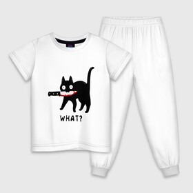 Детская пижама хлопок с принтом WHAT & CAT в Санкт-Петербурге, 100% хлопок |  брюки и футболка прямого кроя, без карманов, на брюках мягкая резинка на поясе и по низу штанин
 | Тематика изображения на принте: art | black | black cat | cat | dark | dark cat | what | what cat | what mem | арт | вопрос | интернет мем | кот | кот арт | кот мем | кошачье лицо | кошачья мордочка | мем | нож | прикол | прикольный кот | убица | чёрный | чёрный кот