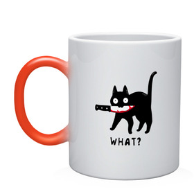 Кружка хамелеон с принтом WHAT & CAT в Санкт-Петербурге, керамика | меняет цвет при нагревании, емкость 330 мл | art | black | black cat | cat | dark | dark cat | what | what cat | what mem | арт | вопрос | интернет мем | кот | кот арт | кот мем | кошачье лицо | кошачья мордочка | мем | нож | прикол | прикольный кот | убица | чёрный | чёрный кот