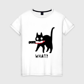 Женская футболка хлопок с принтом WHAT & CAT в Санкт-Петербурге, 100% хлопок | прямой крой, круглый вырез горловины, длина до линии бедер, слегка спущенное плечо | art | black | black cat | cat | dark | dark cat | what | what cat | what mem | арт | вопрос | интернет мем | кот | кот арт | кот мем | кошачье лицо | кошачья мордочка | мем | нож | прикол | прикольный кот | убица | чёрный | чёрный кот