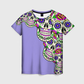 Женская футболка 3D с принтом Calavera 2 в Санкт-Петербурге, 100% полиэфир ( синтетическое хлопкоподобное полотно) | прямой крой, круглый вырез горловины, длина до линии бедер | color | краски | мексиканский | череп