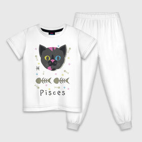Детская пижама хлопок с принтом Pisces в Санкт-Петербурге, 100% хлопок |  брюки и футболка прямого кроя, без карманов, на брюках мягкая резинка на поясе и по низу штанин
 | horoscope | pisces | гороскоп | знак | зодиак | зодиака | кот | рыба | рыбы | скелет