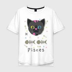 Мужская футболка хлопок Oversize с принтом Pisces в Санкт-Петербурге, 100% хлопок | свободный крой, круглый ворот, “спинка” длиннее передней части | horoscope | pisces | гороскоп | знак | зодиак | зодиака | кот | рыба | рыбы | скелет