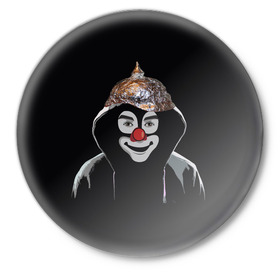 Значок с принтом Клоун в шапочке в Санкт-Петербурге,  металл | круглая форма, металлическая застежка в виде булавки | Тематика изображения на принте: 5g вышки | клоун | связь | фобия | фольга