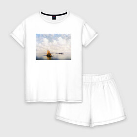 Женская пижама с шортиками хлопок с принтом картина Айвазовского в Санкт-Петербурге, 100% хлопок | футболка прямого кроя, шорты свободные с широкой мягкой резинкой | айвазовский | корабль | море | облака | рисунок
