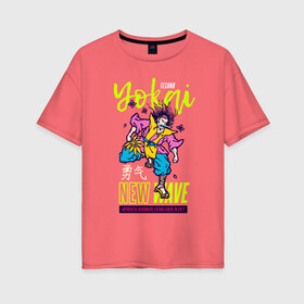 Женская футболка хлопок Oversize с принтом Japanese Tengu 80s в Санкт-Петербурге, 100% хлопок | свободный крой, круглый ворот, спущенный рукав, длина до линии бедер
 | 1980 | 2077 | 80 | 80s | color | colors | god | japan | japanese | kabuki | kami | kanji | new wave | techno | tengu | tokyo | yokai | бог | боги | екай | иероглифы | кабуки | ками | кандзи | миф | мифическое | мифология | существо | тенгу | япон