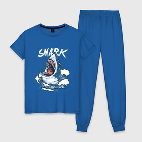 Женская пижама хлопок с принтом Злая акула в Санкт-Петербурге, 100% хлопок | брюки и футболка прямого кроя, без карманов, на брюках мягкая резинка на поясе и по низу штанин | Тематика изображения на принте: angry | big | evil | jaws | predator | scary | shark | storm | wave | waves | white | акула | акулы | белая | большая | волна | волны | выпрыгивает | злая | зубы | из воды | море | океан | охотник | пасть | плотоядная | рот | страшная | хищни