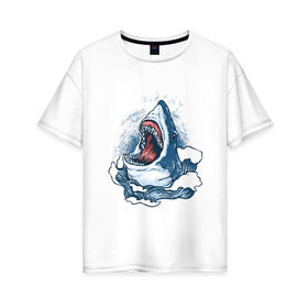 Женская футболка хлопок Oversize с принтом Злая акула в Санкт-Петербурге, 100% хлопок | свободный крой, круглый ворот, спущенный рукав, длина до линии бедер
 | angry | big | evil | jaws | predator | scary | shark | storm | wave | waves | white | акула | акулы | белая | большая | волна | волны | выпрыгивает | злая | зубы | из воды | море | океан | охотник | пасть | плотоядная | рот | страшная | хищни