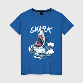 Женская футболка хлопок с принтом Злая акула в Санкт-Петербурге, 100% хлопок | прямой крой, круглый вырез горловины, длина до линии бедер, слегка спущенное плечо | angry | big | evil | jaws | predator | scary | shark | storm | wave | waves | white | акула | акулы | белая | большая | волна | волны | выпрыгивает | злая | зубы | из воды | море | океан | охотник | пасть | плотоядная | рот | страшная | хищни