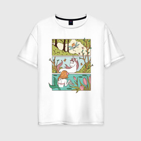 Женская футболка хлопок Oversize с принтом Зачарованный лес в Санкт-Петербурге, 100% хлопок | свободный крой, круглый ворот, спущенный рукав, длина до линии бедер
 | comics | comix | enchanted | fairy | forest | mermaid | unicorn | бабочка | в лесу | единорог | единорожка | зачарованный | иллюстрация | комикс | красивая | лес | лесная | лесной | миф | мифические | природа | русалка