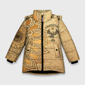Зимняя куртка для девочек 3D с принтом Дагестан в золоте в Санкт-Петербурге, ткань верха — 100% полиэстер; подклад — 100% полиэстер, утеплитель — 100% полиэстер. | длина ниже бедра, удлиненная спинка, воротник стойка и отстегивающийся капюшон. Есть боковые карманы с листочкой на кнопках, утяжки по низу изделия и внутренний карман на молнии. 

Предусмотрены светоотражающий принт на спинке, радужный светоотражающий элемент на пуллере молнии и на резинке для утяжки. | dagestan | eagle | flag | kavkaz | power | абдулманап | боец | бойцы | борец | борьба | брат | герб | даг | дагестан | за брата | кавказ | кавказец | лучше умереть на ногах | нурмагомедов | опасный | орел | пацанская