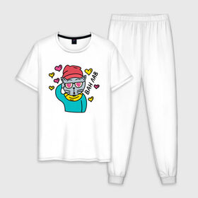 Мужская пижама хлопок с принтом Влюбленный кот-хипстер в Санкт-Петербурге, 100% хлопок | брюки и футболка прямого кроя, без карманов, на брюках мягкая резинка на поясе и по низу штанин
 | 