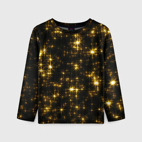 Детский лонгслив 3D с принтом Золотые звёзды в Санкт-Петербурге, 100% полиэстер | длинные рукава, круглый вырез горловины, полуприлегающий силуэт
 | блеск | звёзды | золото | ночь | сияние | темнота | черный