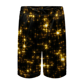 Детские спортивные шорты 3D с принтом Золотые звёзды в Санкт-Петербурге,  100% полиэстер
 | пояс оформлен широкой мягкой резинкой, ткань тянется
 | блеск | звёзды | золото | ночь | сияние | темнота | черный