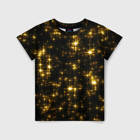 Детская футболка 3D с принтом Золотые звёзды в Санкт-Петербурге, 100% гипоаллергенный полиэфир | прямой крой, круглый вырез горловины, длина до линии бедер, чуть спущенное плечо, ткань немного тянется | блеск | звёзды | золото | ночь | сияние | темнота | черный