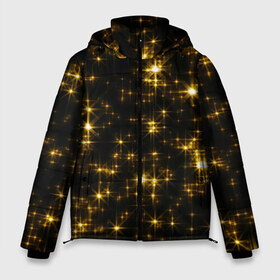 Мужская зимняя куртка 3D с принтом Золотые звёзды в Санкт-Петербурге, верх — 100% полиэстер; подкладка — 100% полиэстер; утеплитель — 100% полиэстер | длина ниже бедра, свободный силуэт Оверсайз. Есть воротник-стойка, отстегивающийся капюшон и ветрозащитная планка. 

Боковые карманы с листочкой на кнопках и внутренний карман на молнии. | блеск | звёзды | золото | ночь | сияние | темнота | черный