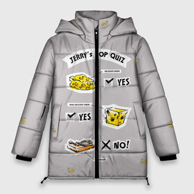 Женская зимняя куртка 3D с принтом JERRY`S POP QUIZ в Санкт-Петербурге, верх — 100% полиэстер; подкладка — 100% полиэстер; утеплитель — 100% полиэстер | длина ниже бедра, силуэт Оверсайз. Есть воротник-стойка, отстегивающийся капюшон и ветрозащитная планка. 

Боковые карманы с листочкой на кнопках и внутренний карман на молнии | spike | tom  jerry | tom and jerry | tomjerry | tuffy | vdgerir | мамочка два тапочка | том и джери | том и джерри
