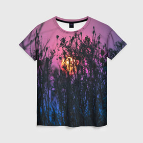 Женская футболка 3D с принтом Трава растения закатный свет в Санкт-Петербурге, 100% полиэфир ( синтетическое хлопкоподобное полотно) | прямой крой, круглый вырез горловины, длина до линии бедер | вечер | закат | мило | небо | поле | рассвет | растения | свет | сумерки | сухоцвет