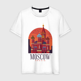 Мужская футболка хлопок с принтом Moscow Москва в Санкт-Петербурге, 100% хлопок | прямой крой, круглый вырез горловины, длина до линии бедер, слегка спущенное плечо. | Тематика изображения на принте: basil | church | city | kremlin | moscow | russia | saint | st basil church | symbol | василия блаженного | город | города | достопримечательности | достопримечательность | красная площадь | кремль | москва | отдых | россия | символ