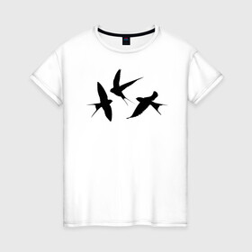Женская футболка хлопок с принтом Ласточки в Санкт-Петербурге, 100% хлопок | прямой крой, круглый вырез горловины, длина до линии бедер, слегка спущенное плечо | ласточка | ласточки | плица | птицы | птичка | силуэт ласточек