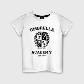 Детская футболка хлопок с принтом The Umbrella Academy в Санкт-Петербурге, 100% хлопок | круглый вырез горловины, полуприлегающий силуэт, длина до линии бедер | Тематика изображения на принте: the umbrella academy | umbrella | академия амбрелла | амбрелла | герб | зонтик