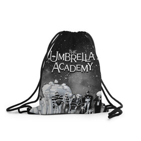 Рюкзак-мешок 3D с принтом The Umbrella Academy в Санкт-Петербурге, 100% полиэстер | плотность ткани — 200 г/м2, размер — 35 х 45 см; лямки — толстые шнурки, застежка на шнуровке, без карманов и подкладки | the umbrella academy | umbrella | академия амбрелла | амбрелла | герб | зонтик