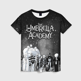 Женская футболка 3D с принтом The Umbrella Academy в Санкт-Петербурге, 100% полиэфир ( синтетическое хлопкоподобное полотно) | прямой крой, круглый вырез горловины, длина до линии бедер | the umbrella academy | umbrella | академия амбрелла | амбрелла | герб | зонтик