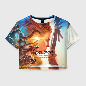 Женская футболка Crop-top 3D с принтом Horizon Forbidden West в Санкт-Петербурге, 100% полиэстер | круглая горловина, длина футболки до линии талии, рукава с отворотами | Тематика изображения на принте: aloy | guerrilla games | horizon forbidden west | hunt | zero dawn | горизонт | запретный запад | игры | нулевой рассвет | охота | элой