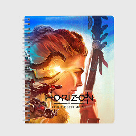 Тетрадь с принтом Horizon Forbidden West в Санкт-Петербурге, 100% бумага | 48 листов, плотность листов — 60 г/м2, плотность картонной обложки — 250 г/м2. Листы скреплены сбоку удобной пружинной спиралью. Уголки страниц и обложки скругленные. Цвет линий — светло-серый
 | aloy | guerrilla games | horizon forbidden west | hunt | zero dawn | горизонт | запретный запад | игры | нулевой рассвет | охота | элой