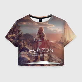 Женская футболка Crop-top 3D с принтом Horizon Forbidden West в Санкт-Петербурге, 100% полиэстер | круглая горловина, длина футболки до линии талии, рукава с отворотами | aloy | guerrilla games | horizon forbidden west | hunt | zero dawn | горизонт | запретный запад | игры | нулевой рассвет | охота | элой