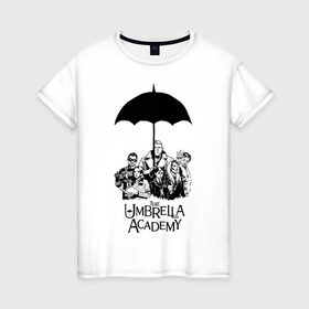 Женская футболка хлопок с принтом Академия Амбрелла в Санкт-Петербурге, 100% хлопок | прямой крой, круглый вырез горловины, длина до линии бедер, слегка спущенное плечо | the umbrella academy | umbrella | академия амбрелла | амбрелла | герб | зонтик