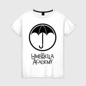 Женская футболка хлопок с принтом Академия Амбрелла в Санкт-Петербурге, 100% хлопок | прямой крой, круглый вырез горловины, длина до линии бедер, слегка спущенное плечо | the umbrella academy | umbrella | академия амбрелла | амбрелла | герб | зонтик