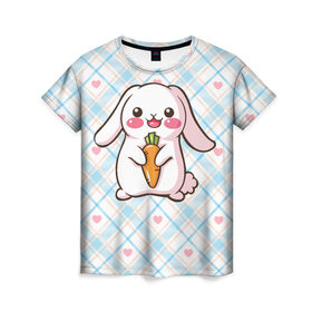 Женская футболка 3D с принтом Милый зайка в Санкт-Петербурге, 100% полиэфир ( синтетическое хлопкоподобное полотно) | прямой крой, круглый вырез горловины, длина до линии бедер | веган | вегетарианец | животное | зайцы | зайчик | зайчонок | заяц | кролик | кроль | крольчонок | овощи | пушистик