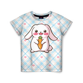 Детская футболка 3D с принтом Милый зайка в Санкт-Петербурге, 100% гипоаллергенный полиэфир | прямой крой, круглый вырез горловины, длина до линии бедер, чуть спущенное плечо, ткань немного тянется | Тематика изображения на принте: веган | вегетарианец | животное | зайцы | зайчик | зайчонок | заяц | кролик | кроль | крольчонок | овощи | пушистик