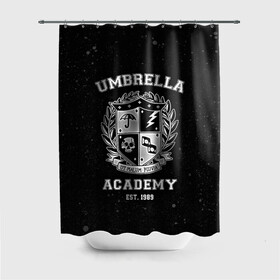 Штора 3D для ванной с принтом Академия Амбрелла в Санкт-Петербурге, 100% полиэстер | плотность материала — 100 г/м2. Стандартный размер — 146 см х 180 см. По верхнему краю — пластиковые люверсы для креплений. В комплекте 10 пластиковых колец | the umbrella academy | umbrella | академия амбрелла | амбрелла | герб | зонтик