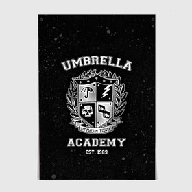Постер с принтом Академия Амбрелла в Санкт-Петербурге, 100% бумага
 | бумага, плотность 150 мг. Матовая, но за счет высокого коэффициента гладкости имеет небольшой блеск и дает на свету блики, но в отличии от глянцевой бумаги не покрыта лаком | the umbrella academy | umbrella | академия амбрелла | амбрелла | герб | зонтик