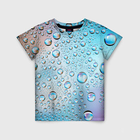 Детская футболка 3D с принтом Капли голубой роса стекло вода в Санкт-Петербурге, 100% гипоаллергенный полиэфир | прямой крой, круглый вырез горловины, длина до линии бедер, чуть спущенное плечо, ткань немного тянется | Тематика изображения на принте: вода | градиент | для всех | дождь | капли | летний | на каждый день | обычный | окно | поверхность | повседневный | размытость | роса | стекло