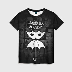 Женская футболка 3D с принтом Академия Амбрелла в Санкт-Петербурге, 100% полиэфир ( синтетическое хлопкоподобное полотно) | прямой крой, круглый вырез горловины, длина до линии бедер | the umbrella academy | umbrella | академия амбрелла | амбрелла | герб | зонтик