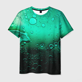 Мужская футболка 3D с принтом Зеленые капли клетки в Санкт-Петербурге, 100% полиэфир | прямой крой, круглый вырез горловины, длина до линии бедер | биология | вода | градиент | для всех | дождь | капли | клетки | летний | на каждый день | обычный | окно | поверхность | повседневный | размытость | роса | стекло