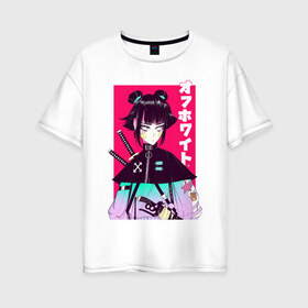 Женская футболка хлопок Oversize с принтом Девушка самурай в Санкт-Петербурге, 100% хлопок | свободный крой, круглый ворот, спущенный рукав, длина до линии бедер
 | aesthetic | anime | art | girl | sword