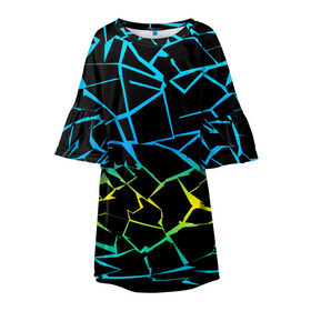 Детское платье 3D с принтом НЕОНОВЫЙ ГРАДИЕНТ в Санкт-Петербурге, 100% полиэстер | прямой силуэт, чуть расширенный к низу. Круглая горловина, на рукавах — воланы | геометрия | градиент | лед | молнии | неон | пестрый | полосы | разлом | синий | спортивный | стекло | текстура