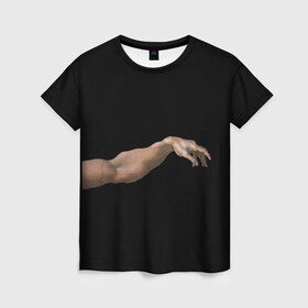 Женская футболка 3D с принтом Сотворение Адама (парная)  в Санкт-Петербурге, 100% полиэфир ( синтетическое хлопкоподобное полотно) | прямой крой, круглый вырез горловины, длина до линии бедер | для пар | искусство | картина | любовь | парная | парная футболка | руки | сотворение адама | эстетика