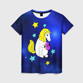 Женская футболка 3D с принтом Звездный Единорог в Санкт-Петербурге, 100% полиэфир ( синтетическое хлопкоподобное полотно) | прямой крой, круглый вырез горловины, длина до линии бедер | angel | stars | unicorn | wings | ангел | блестящие | вселенная | галактика | детские | донат | еда | единорог | единорожки | звезды | копыта | космический | лошадка | лошадь | луна | малыш | неоновые | пегас | пони