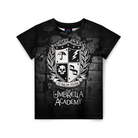 Детская футболка 3D с принтом Академия Амбрелла в Санкт-Петербурге, 100% гипоаллергенный полиэфир | прямой крой, круглый вырез горловины, длина до линии бедер, чуть спущенное плечо, ткань немного тянется | the umbrella academy | umbrella | академия амбрелла | амбрелла | герб | зонтик | комиксы