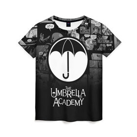 Женская футболка 3D с принтом Академия Амбрелла в Санкт-Петербурге, 100% полиэфир ( синтетическое хлопкоподобное полотно) | прямой крой, круглый вырез горловины, длина до линии бедер | the umbrella academy | umbrella | академия амбрелла | амбрелла | герб | зонтик | комиксы