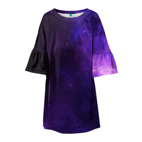 Детское платье 3D с принтом Фиолетовая звезда в Санкт-Петербурге, 100% полиэстер | прямой силуэт, чуть расширенный к низу. Круглая горловина, на рукавах — воланы | Тематика изображения на принте: арт | звезда | звёзды | карлик | космос | облако | синий | сияние | темный | фиолетовый | черный | яркая | яркие цвета