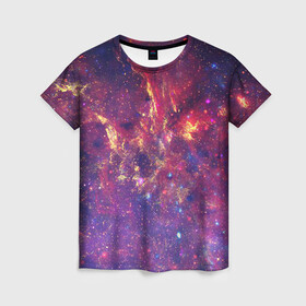 Женская футболка 3D с принтом Огненный разлом в Санкт-Петербурге, 100% полиэфир ( синтетическое хлопкоподобное полотно) | прямой крой, круглый вырез горловины, длина до линии бедер | арт | желтый | звёзды | космос | красный | облако | синий | сияние | фиолетовый | яркие цвета