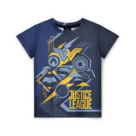 Детская футболка 3D с принтом Justice League в Санкт-Петербурге, 100% гипоаллергенный полиэфир | прямой крой, круглый вырез горловины, длина до линии бедер, чуть спущенное плечо, ткань немного тянется | Тематика изображения на принте: justice league movie | vdpartat | геометрия | знаки | лига справедливости | логотипы | символы