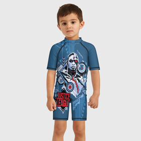Детский купальный костюм 3D с принтом Cyborg в Санкт-Петербурге, Полиэстер 85%, Спандекс 15% | застежка на молнии на спине | cyborg | justice league movie | знаки vdpartat | киборг | лига справедливости | символы | супер герои